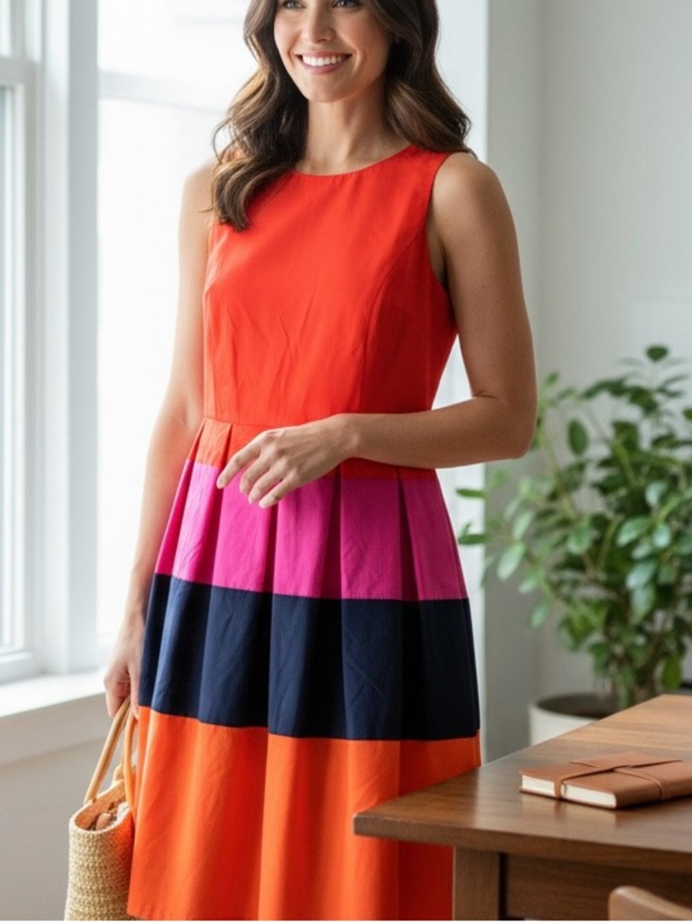 Sharagano Orange, Pink & Navy Colorblock Sleeveless Dress
